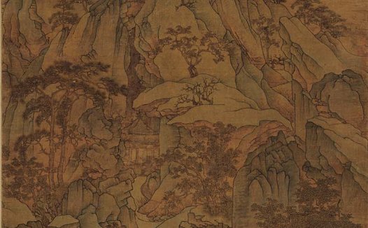 元 胡廷晖 春山泛舟图轴绢本青绿