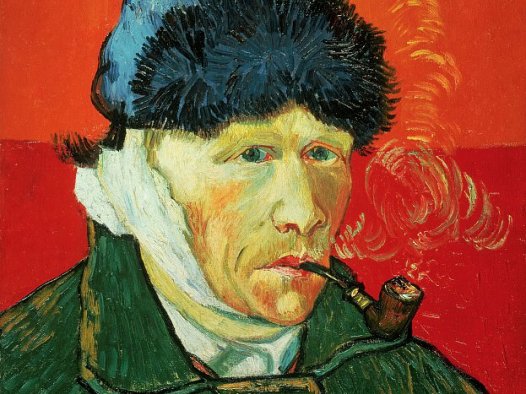 耳朵上扎绑带叼烟斗的自画像